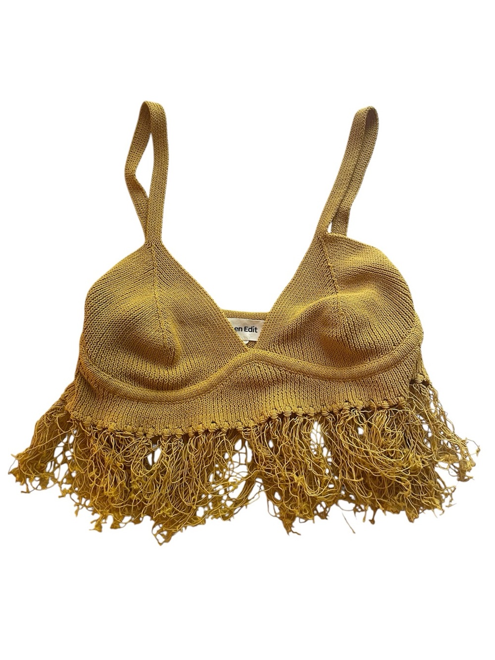Open Edit Boho Knit Fringe Bralette Top in Mustard Yellow